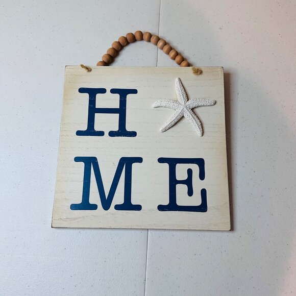 HOME Wall Hanging With Starfish & Beaded Handle Nautical Decor Coastal Cottage - Picture 2 of 7